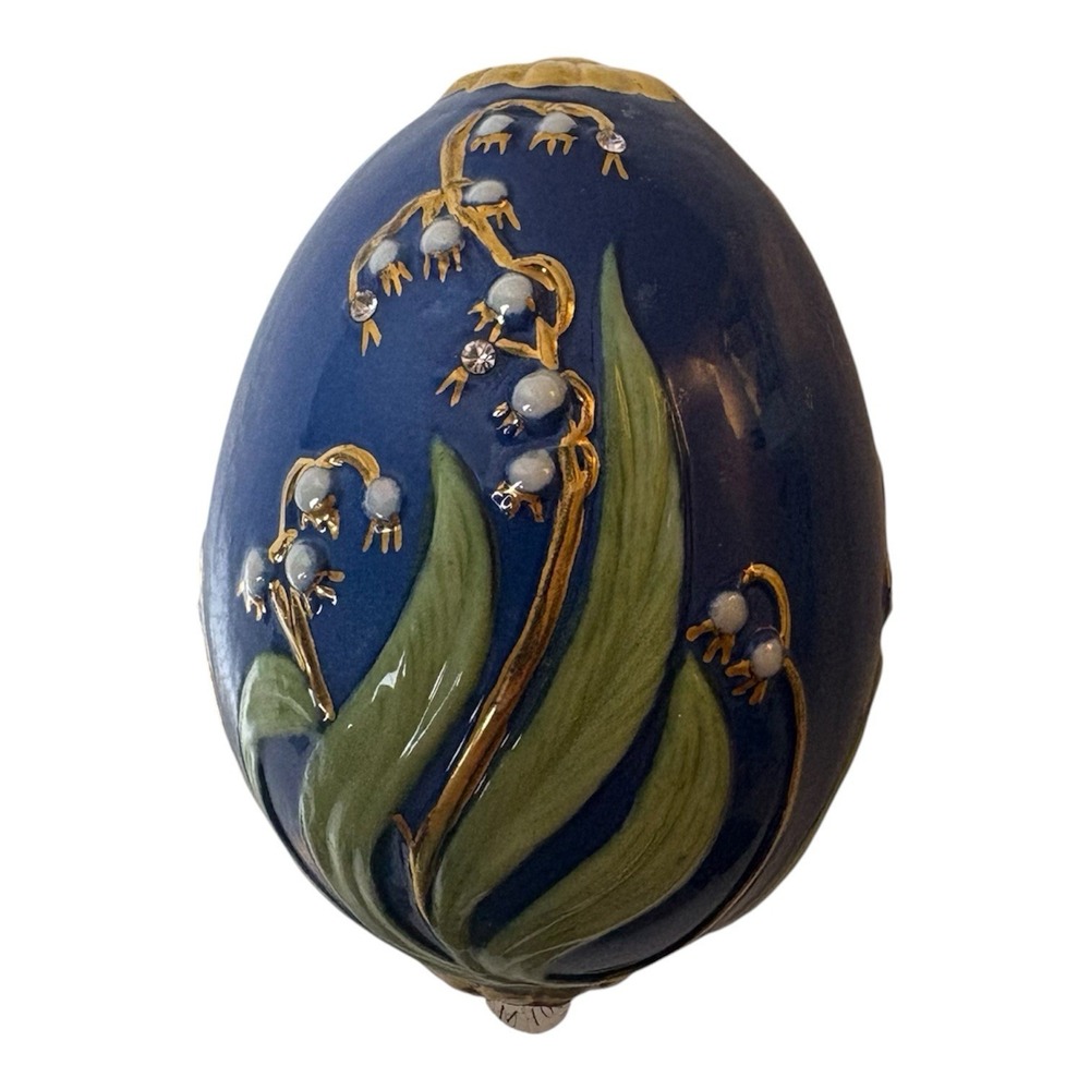 Franklin Mint Faberge Imperial Jeweled Egg Blue Lily of the Valley Gold Trim